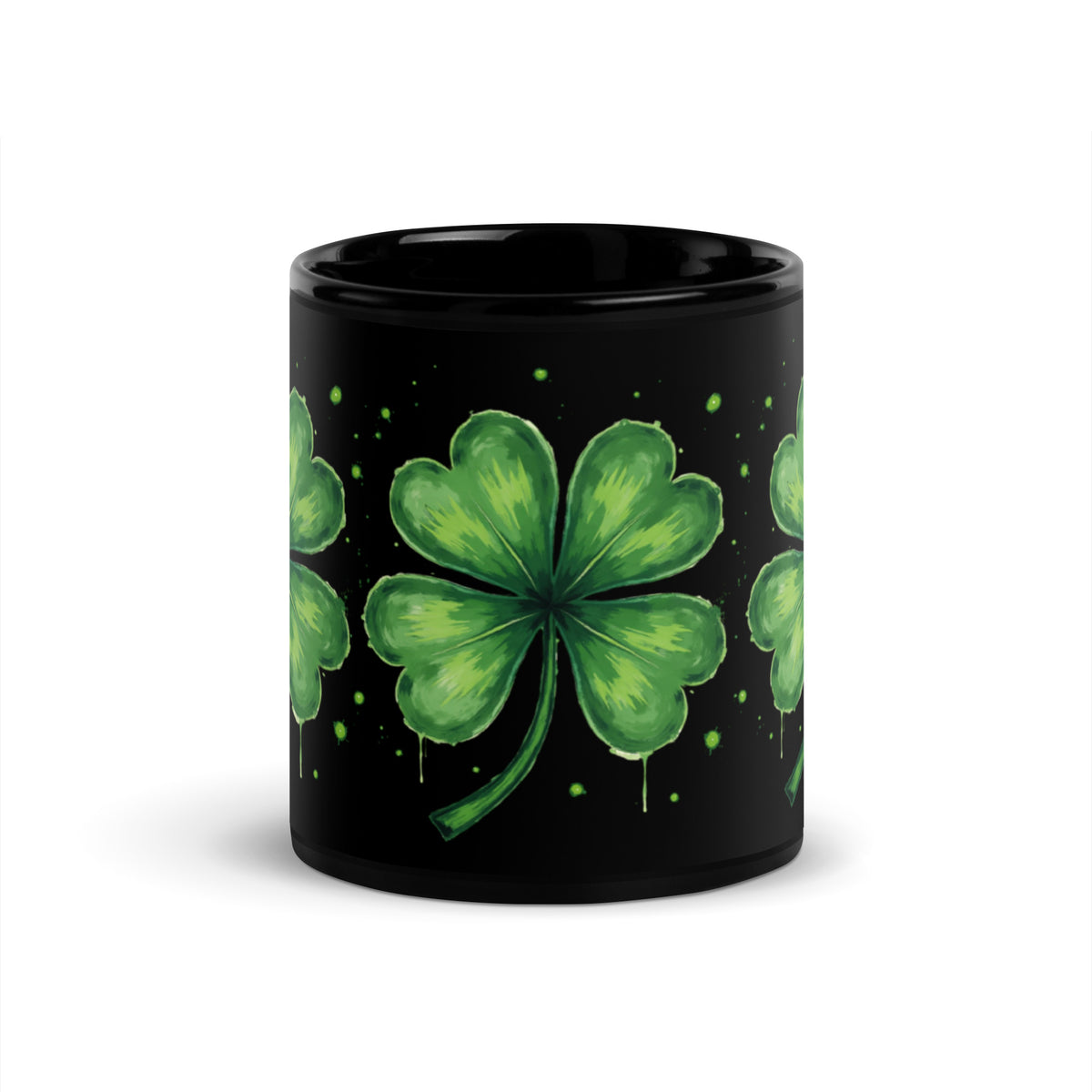 Front side view of the 11 oz black Lucky Clover Coffee Mug