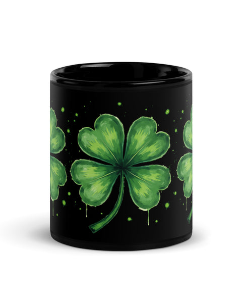 Front side view of the 11 oz black Lucky Clover Coffee Mug