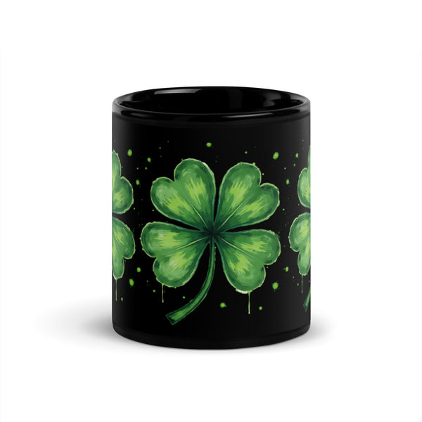 Front side view of the 11 oz black Lucky Clover Coffee Mug