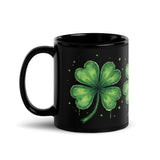Left side handle view of the black Lucky Clover coffee mug