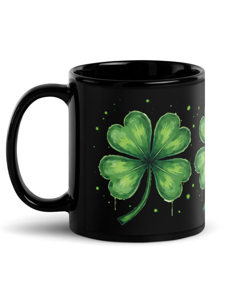 Left side handle view of the black Lucky Clover coffee mug