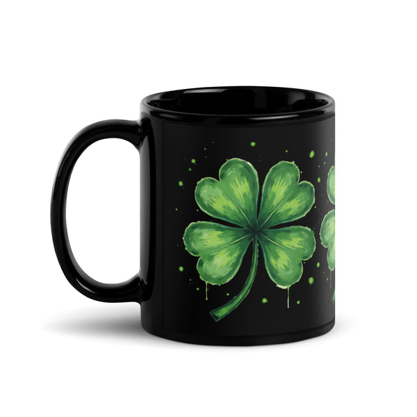 Left side handle view of the black Lucky Clover coffee mug