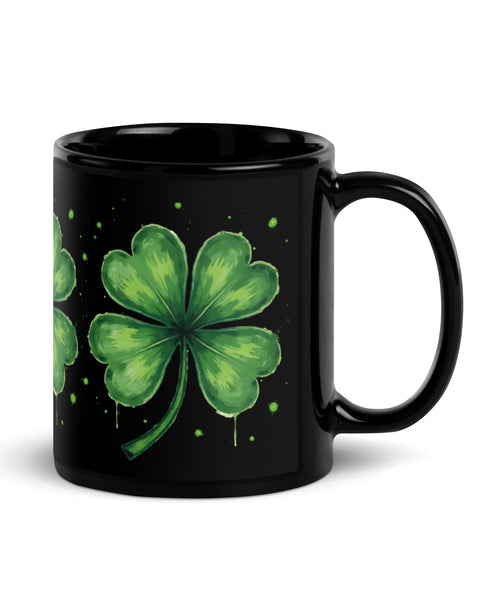 Handle on the right side view of the black 11 oz Lucky Clover coffee mug