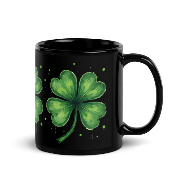 Handle on the right side view of the black 11 oz Lucky Clover coffee mug