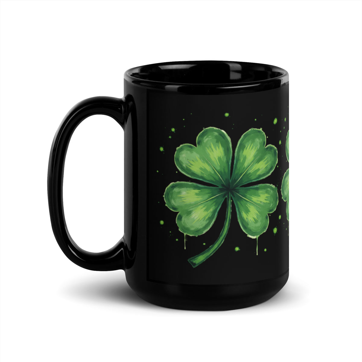 Left side handle view of the black Lucky Clover Coffee Mug 15 oz