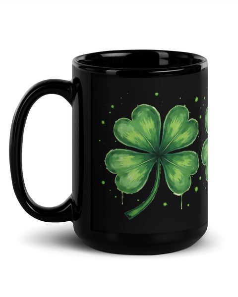 Left side handle view of the black Lucky Clover Coffee Mug 15 oz
