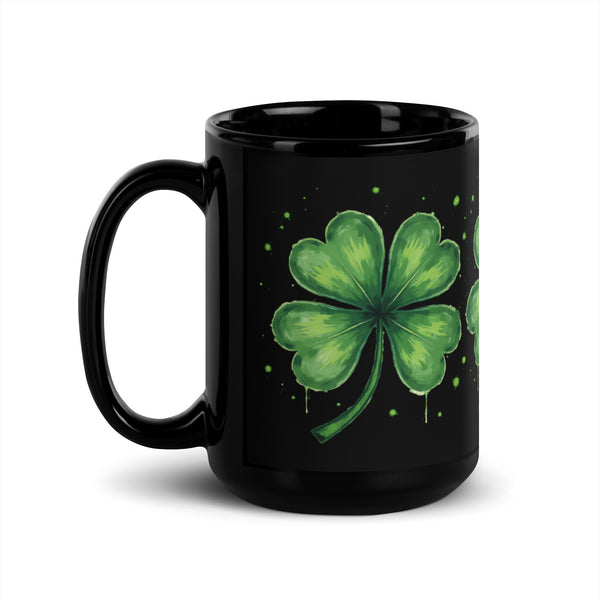 Left side handle view of the black Lucky Clover Coffee Mug 15 oz