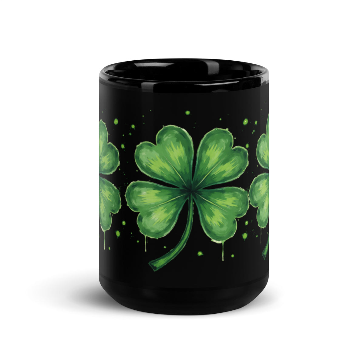 Front view of the black Lucky Clover Coffee Mug 15 oz