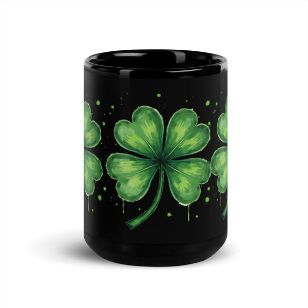 Front view of the black Lucky Clover Coffee Mug 15 oz