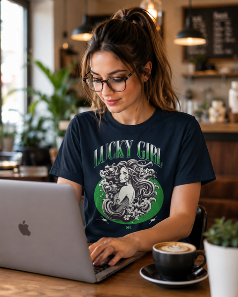 Lifestyle image of the woman wearing the Lucky Girl tee