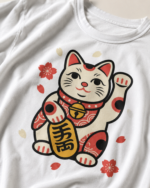 White t-shirt with a cartoon cat design on a plain background