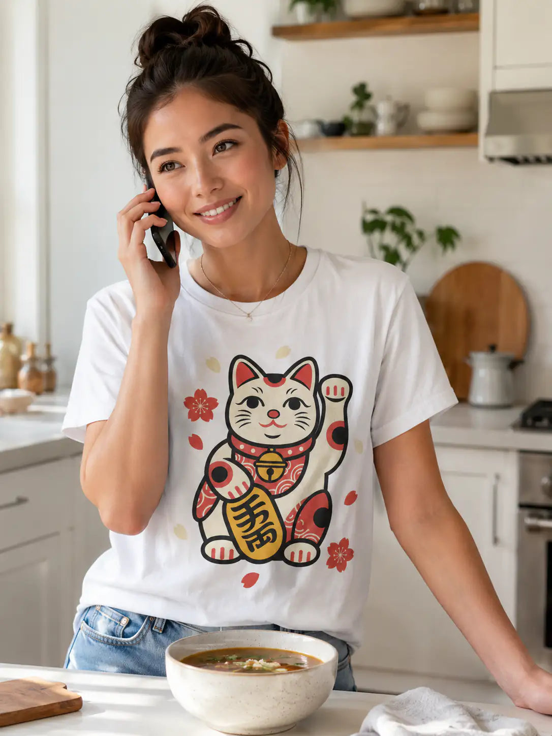 Maneki Neko Charm Blossom Graphic Tee - My Lucky Tee 