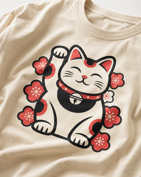 Beige t-shirt with a cartoon cat design and red flowers on a beige background