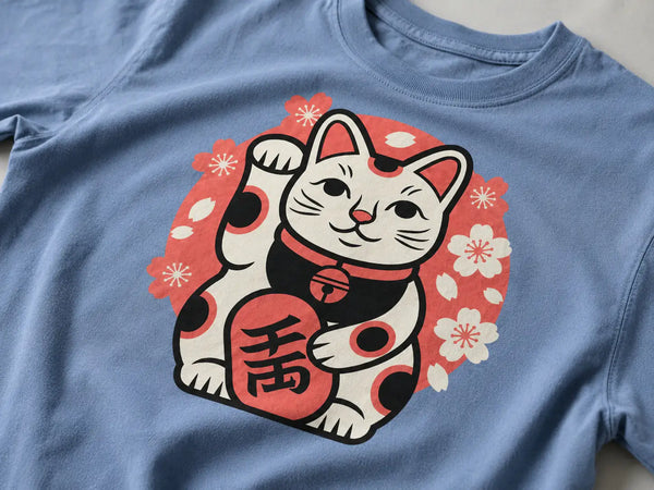 Blue t-shirt with a graphic of a cat and Japanese characters on a plain background 
