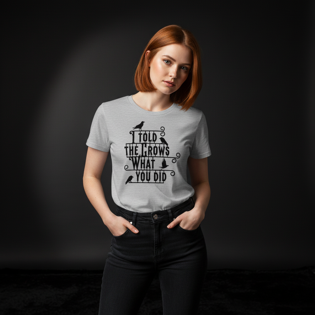 Woman wearing a gray t-shirt with the 'I told the crows' text and graphic design on a black background