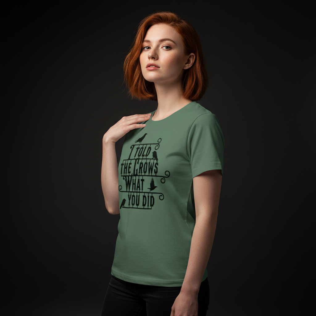 Woman wearing a green t-shirt with the "I told the crows' text on a black background