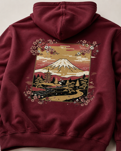 Maroon hoodie with a mountain and cherry blossom design on the back against a beige background