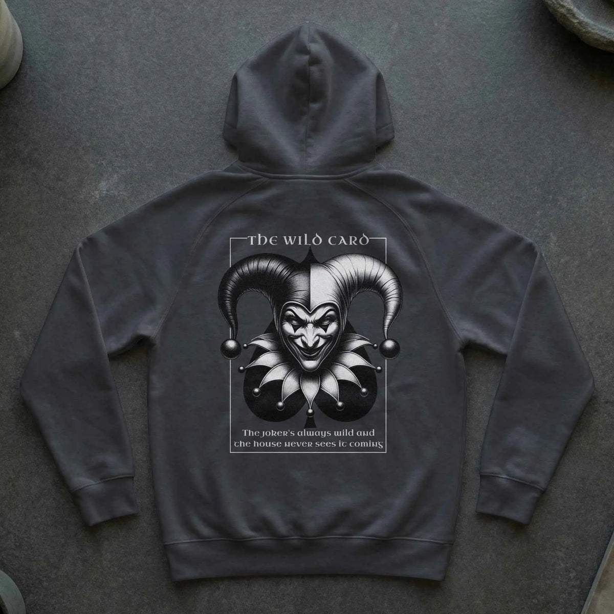 Wild Card Joker Graphic Hoodie | Dark Jester Streetwear Hoodie Coal