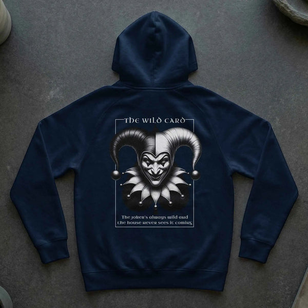 Wild Card Joker Graphic Hoodie | Dark Jester Streetwear Hoodie Navy