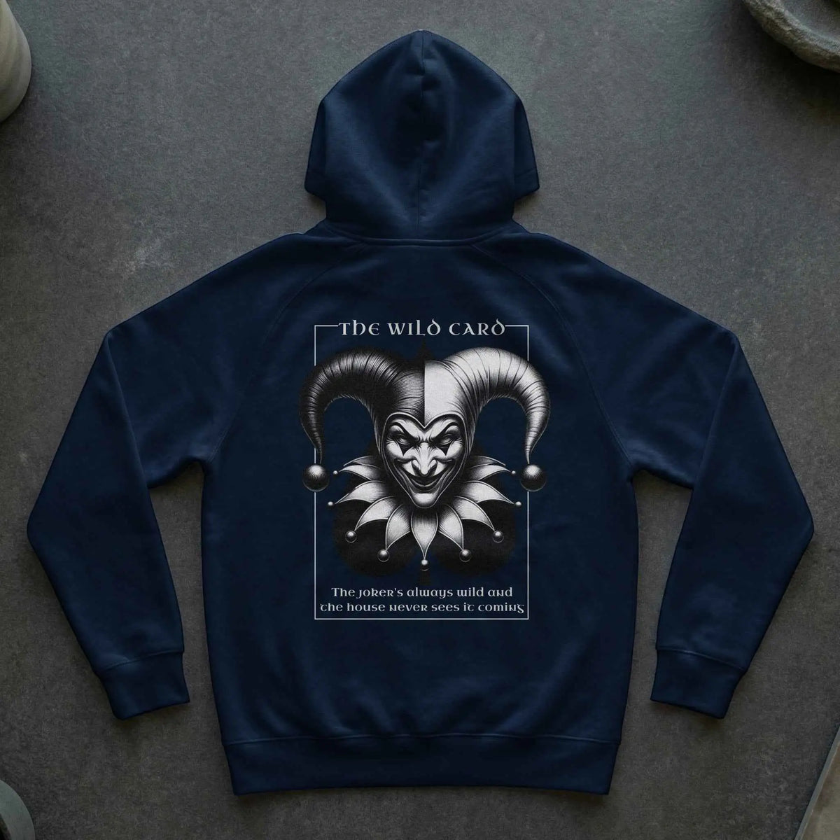 Wild Card Joker Graphic Hoodie | Dark Jester Streetwear Hoodie Navy