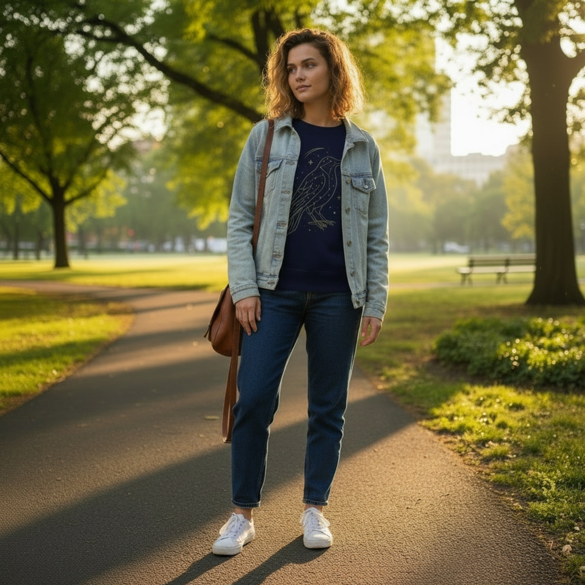 Model wearing Starlit Crow sweatshirt in navy color