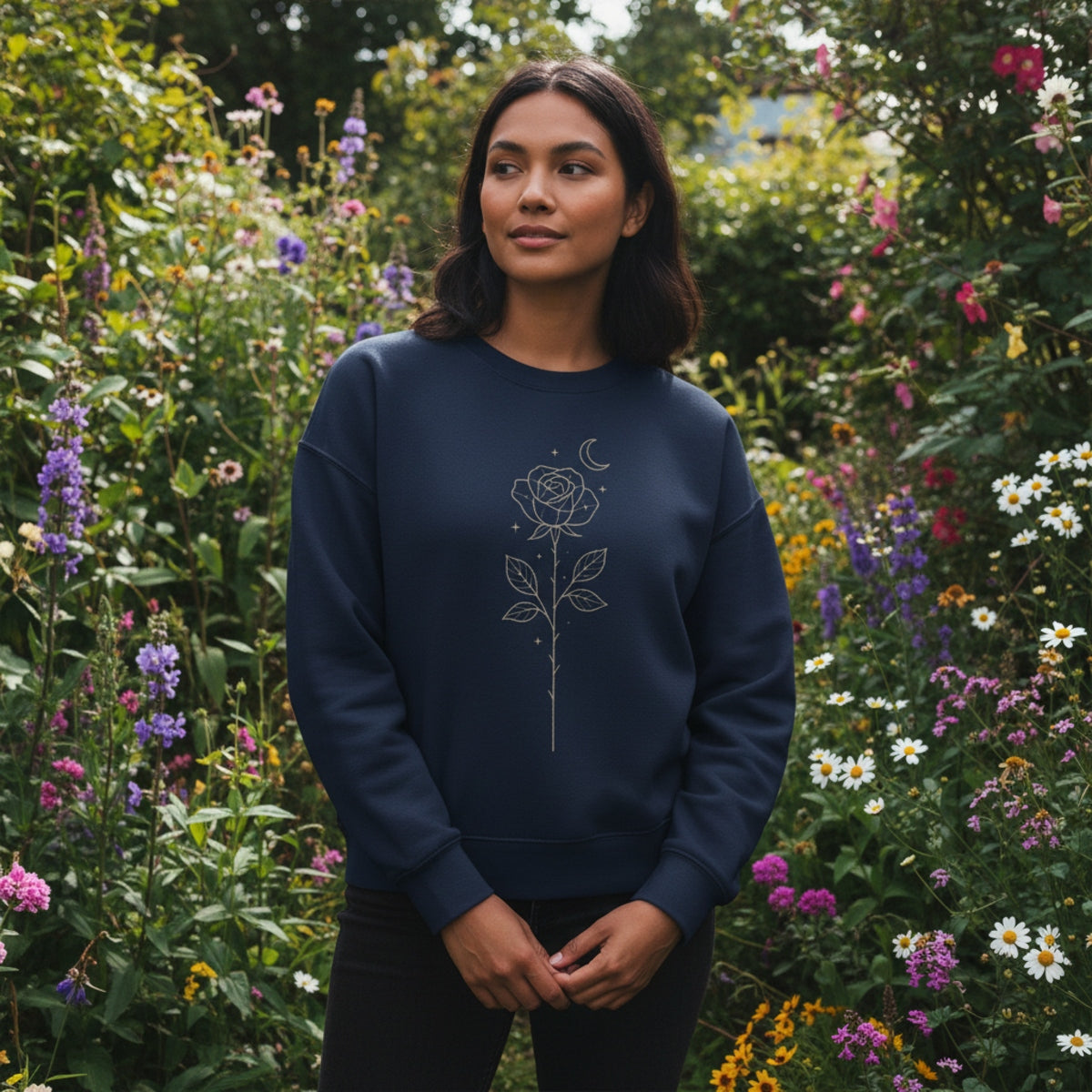 Model wearing the french navy colored Starlit Rose sweatshirt