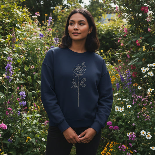 Model wearing the french navy colored Starlit Rose sweatshirt
