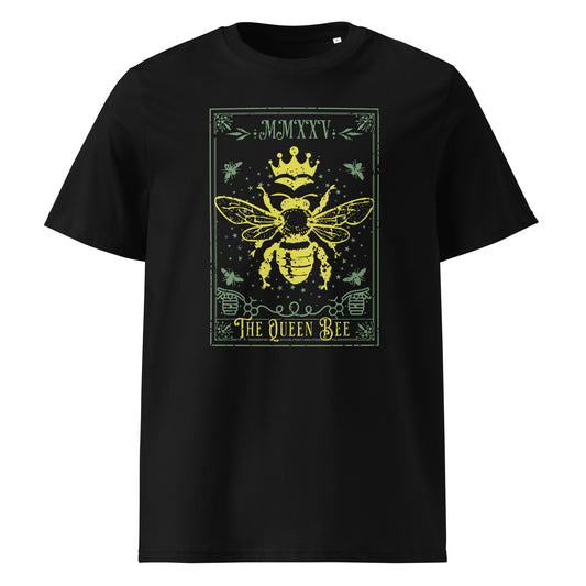 Black unisex t-shirt with vintage "Queen Bee" design in yellow and sage. Eco-friendly and made with 100% organic cotton—ideal for sustainable wardrobes.