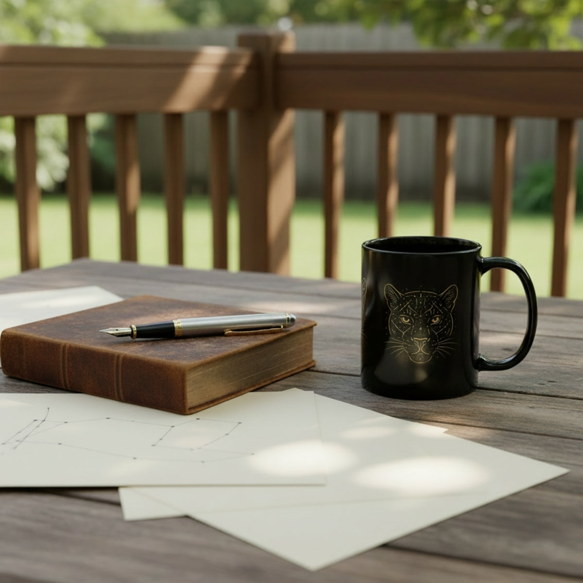 Starlit Big Cat mug on a wood table with book, paper and pen.