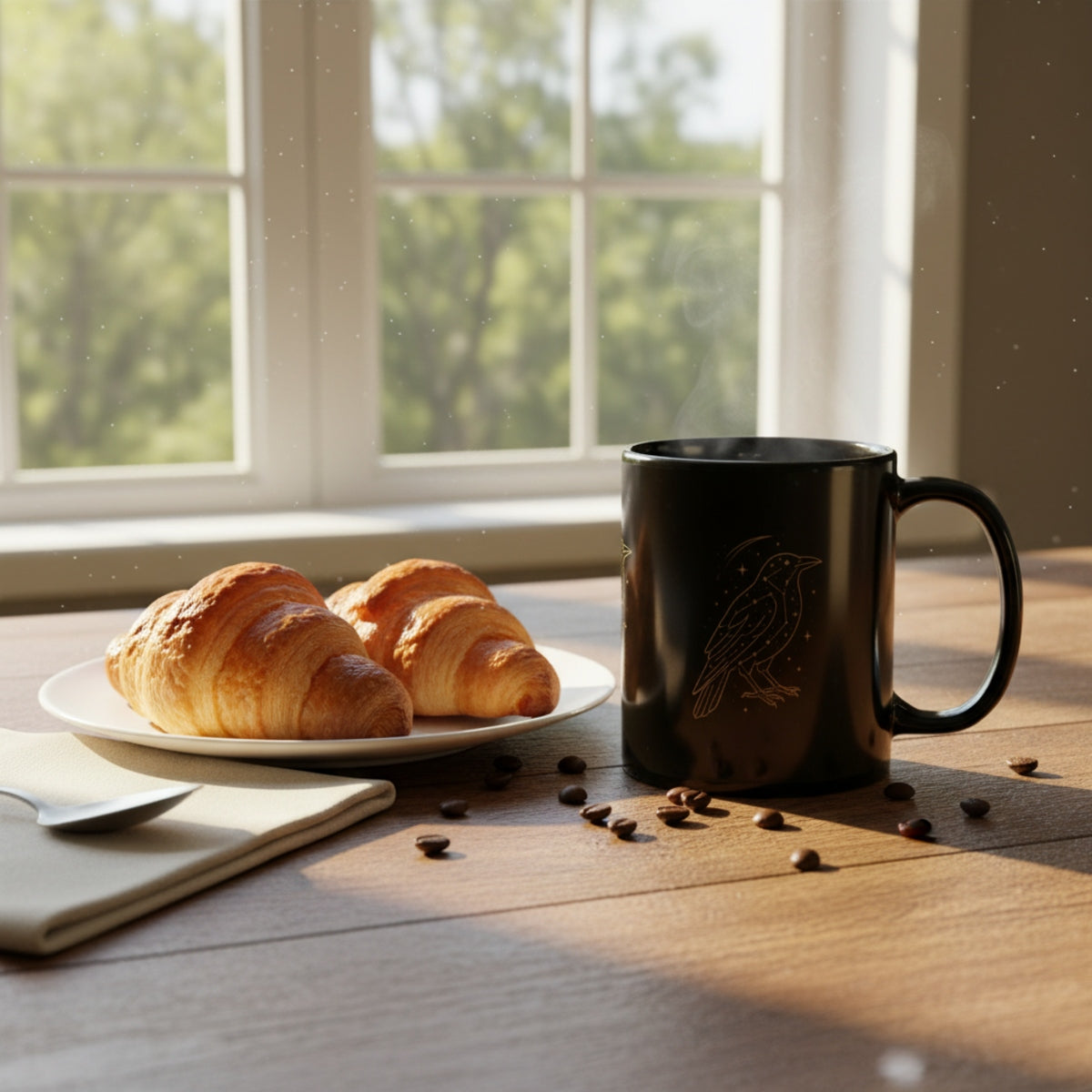 Starlit Crow mug at the breakfast table