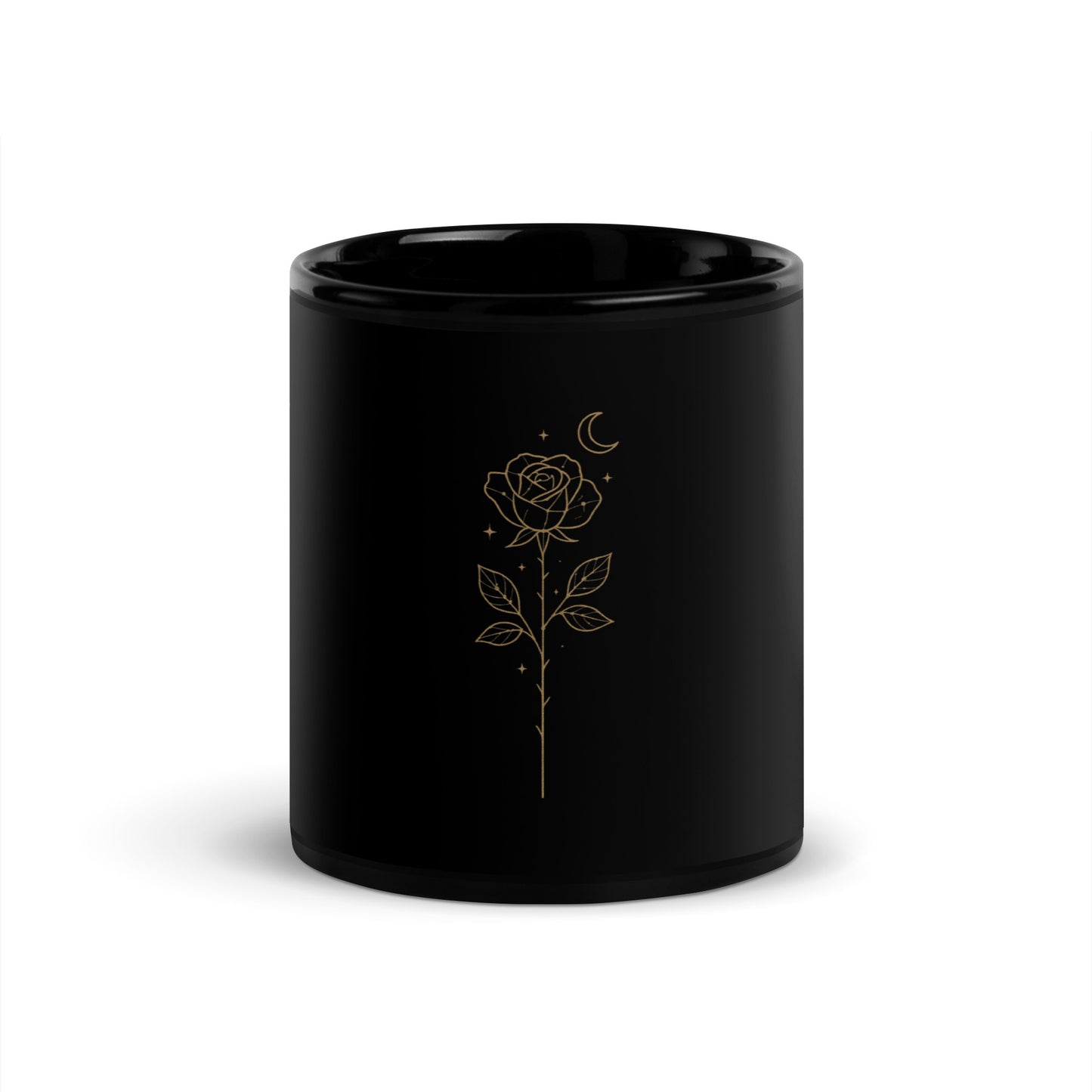 Black ceramic mug with a golden Starlit  Rose design printed three times around the surface. Front view, opposite the handle.