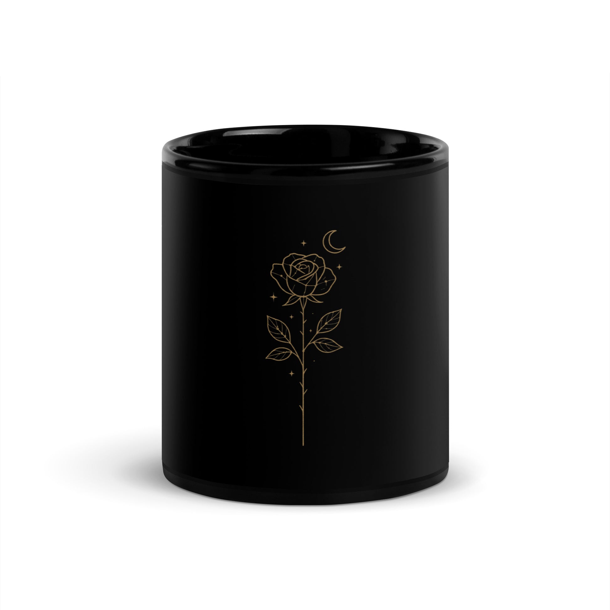 Black ceramic mug with a golden Starlit  Rose design printed three times around the surface. Front view, opposite the handle.
