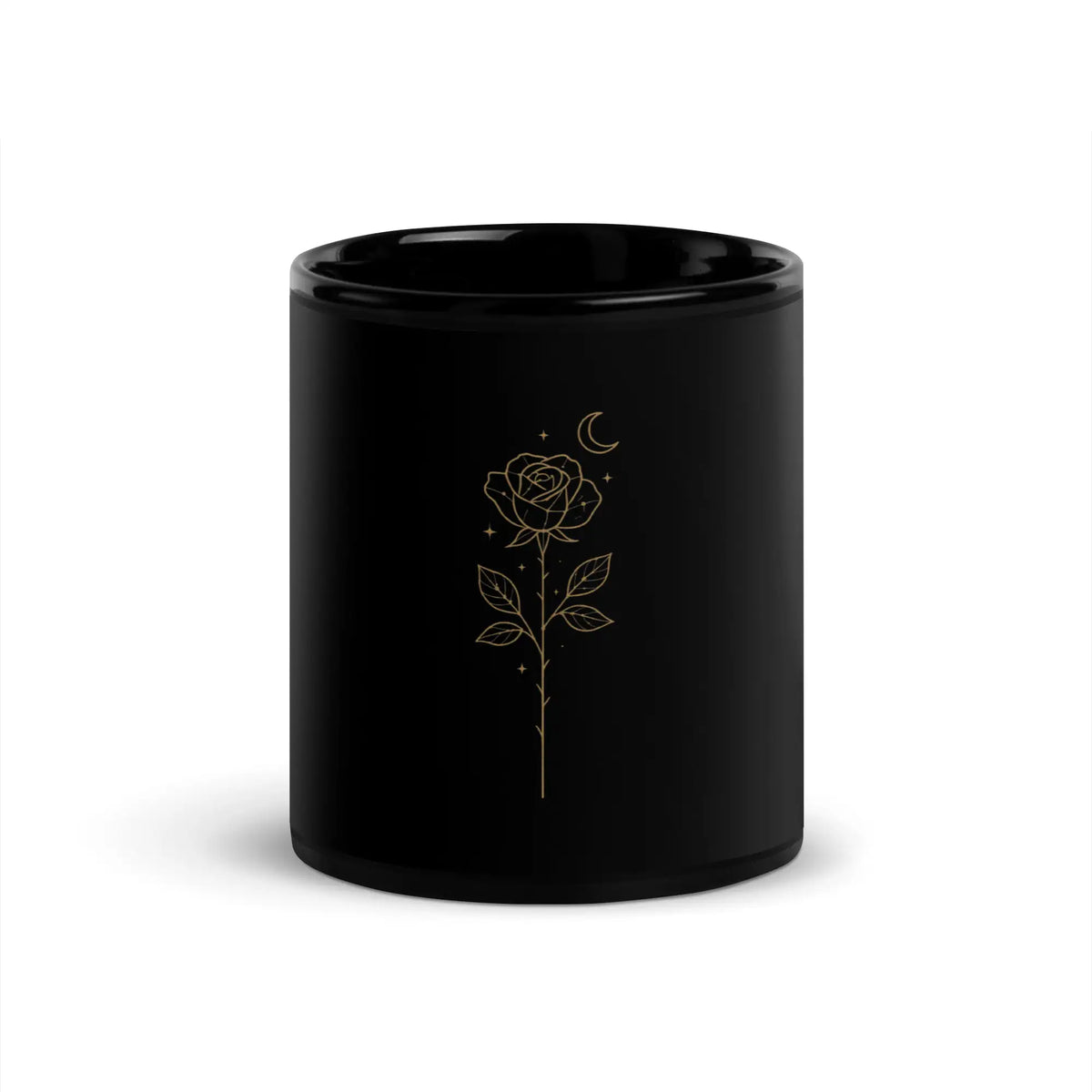 Starlit Rose black ceramic mug with gold constellation rose artwork 