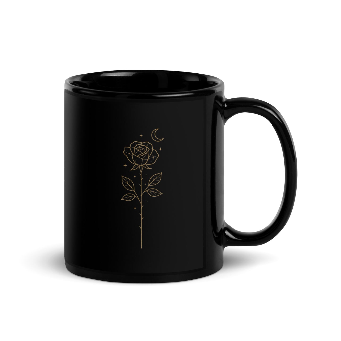 Black ceramic mug with a golden Starlit  Rose design printed three times around the surface.