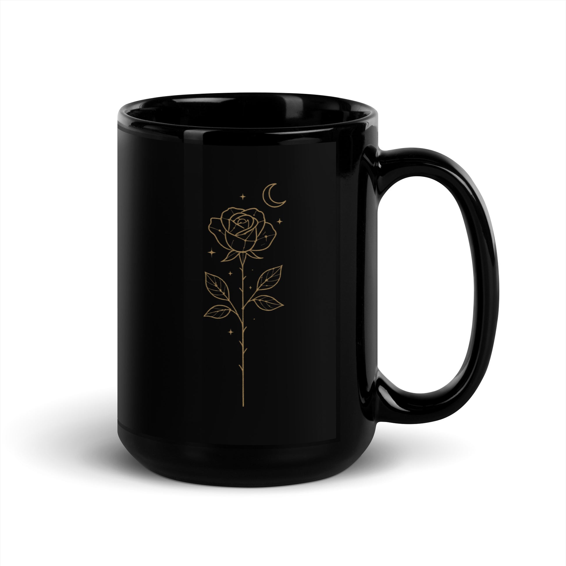 Black ceramic mug with a golden Starlit  Rose design printed three times around the surface. 15 oz size.