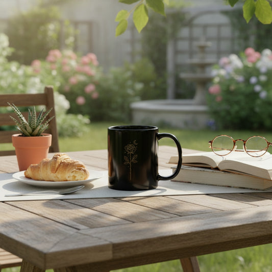 Starlit Rose mug on an outdoor table with books, a plant and breakfast 