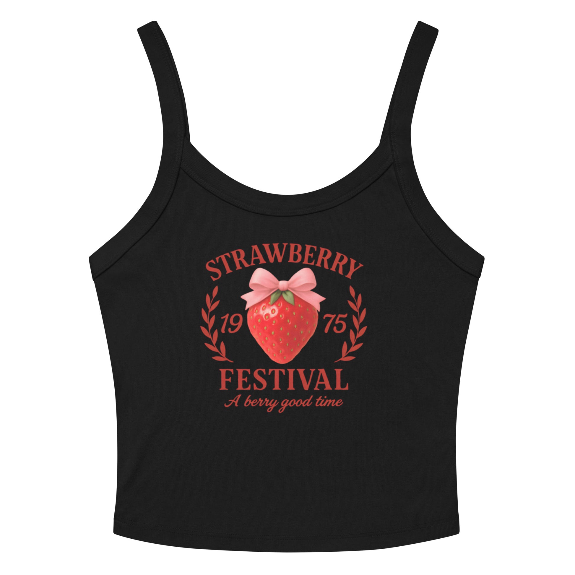 Black cropped tank top with “Strawberry Festival 1975” graphic and a large strawberry with bow in center. Cute, retro, summer design.


