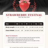 Tank top with strawberry design and size chart on a black background