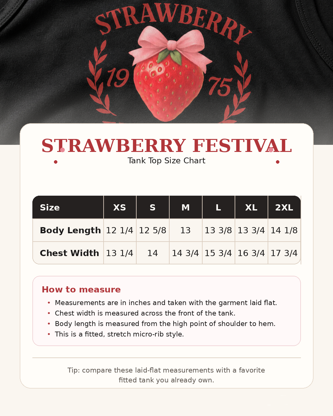 Tank top with strawberry design and size chart on a black background