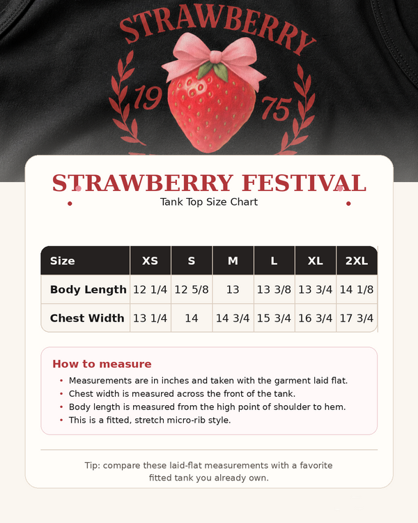 Tank top with strawberry design and size chart on a black background