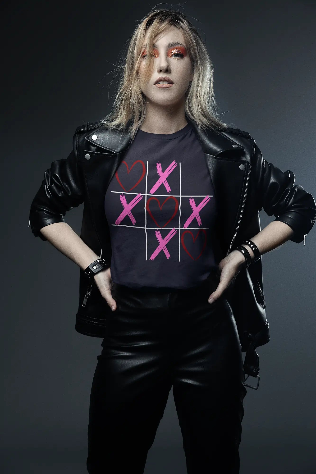 Tic Tac Hearts tee in navy on rockstar model
