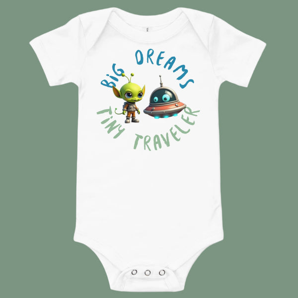 Big Dreams Tiny Traveler Baby One Piece in white