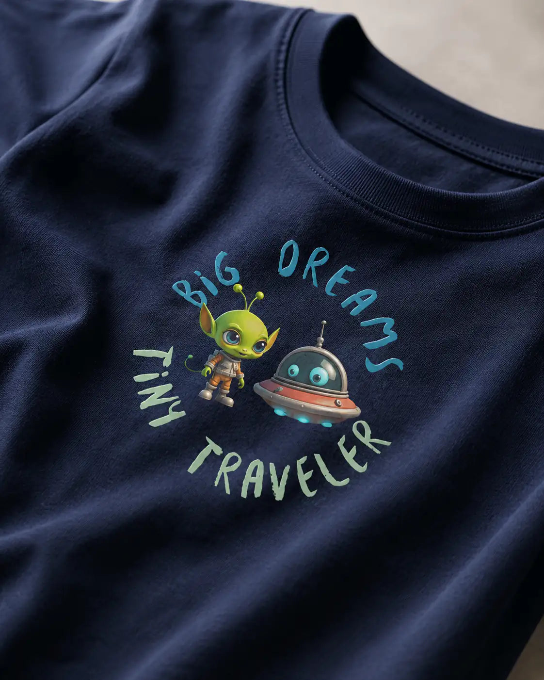 Navy blue t-shirt with alien and UFO design and text 'Big Dreams Tiny Traveler'. 
