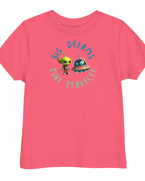 Hot Pink toddler t-shirt featuring a green alien and spaceship with the phrase "Big Dreams Tiny Traveler" in playful lettering