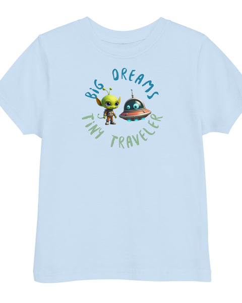 Light Blue toddler t-shirt featuring a green alien and spaceship with the phrase "Big Dreams Tiny Traveler" in playful lettering