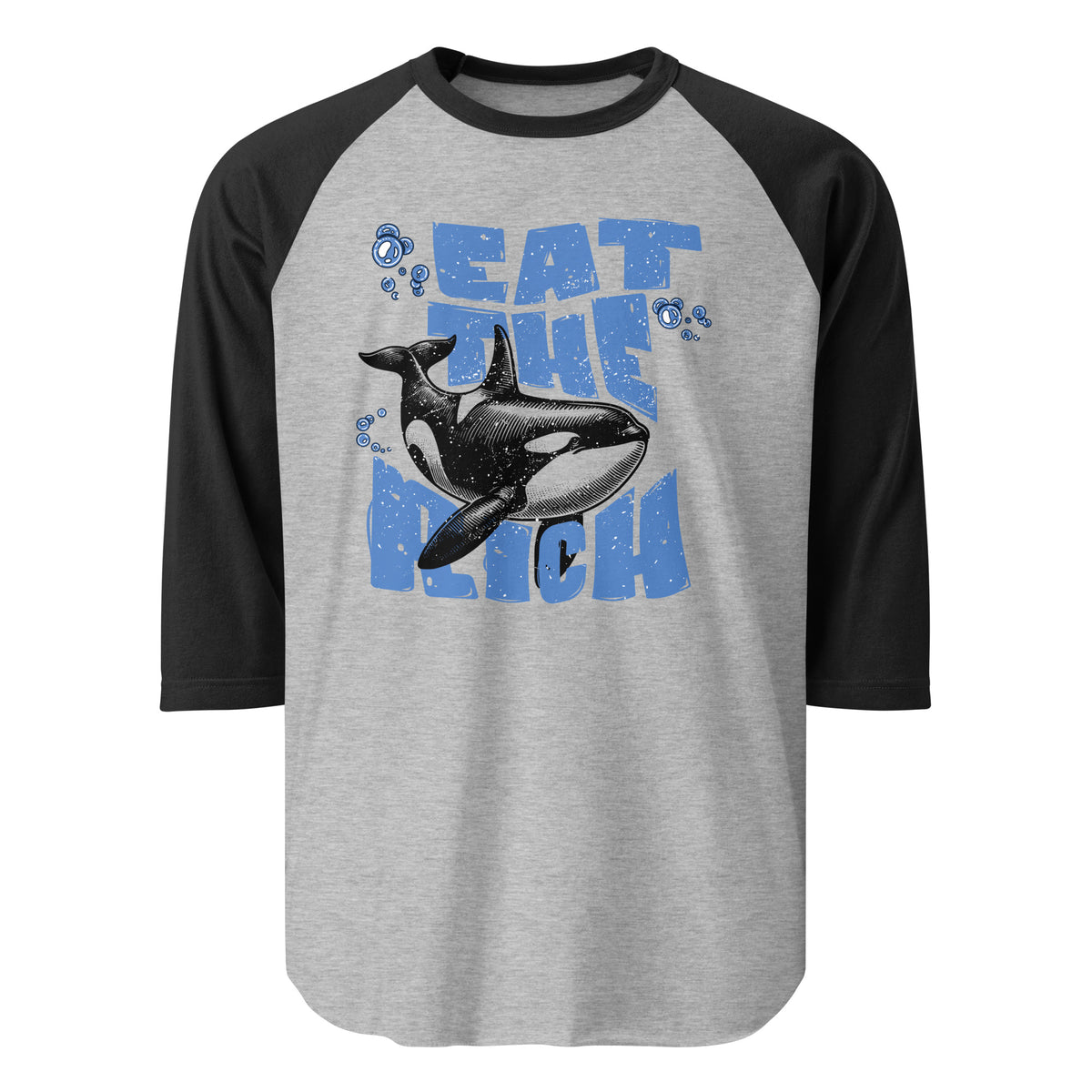 Unisex raglan shirt with “Eat the Rich” orca graphic in vintage comic-style font in Heather gray with black sleeves
