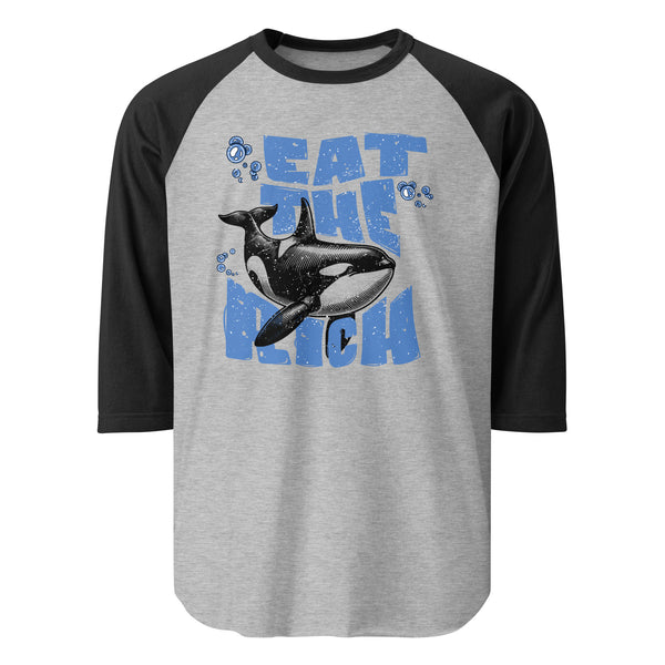 Unisex raglan shirt with “Eat the Rich” orca graphic in vintage comic-style font in Heather gray with black sleeves