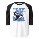 Unisex raglan shirt with black sleeves  “Eat the Rich” orca graphic in vintage comic-style font