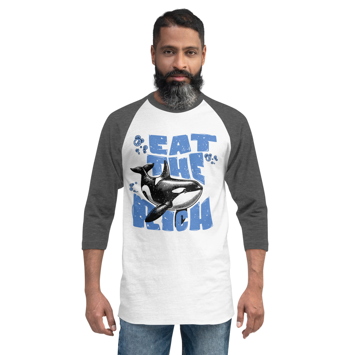 Unisex raglan shirt with “Eat the Rich” orca graphic in vintage comic-style font whit with heather gray sleeves