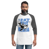 Unisex raglan shirt with “Eat the Rich” orca graphic in vintage comic-style font whit with heather gray sleeves